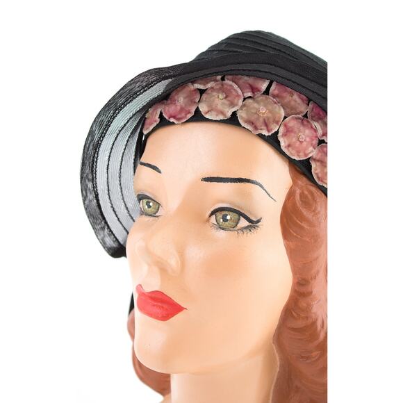 Vintage 1920s Cloche 20s Velvet Floral Black Woven Summer Evening Hat with Bow - Picture 6 of 10